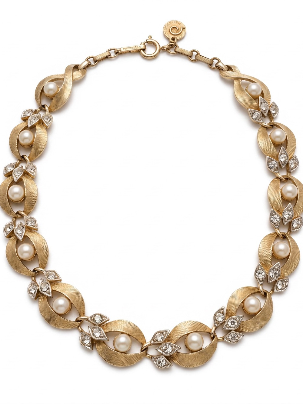 Vintage Signed Lisner Gold Tone Faux Pearl & Rhinestone Choker Necklace Mid Cent